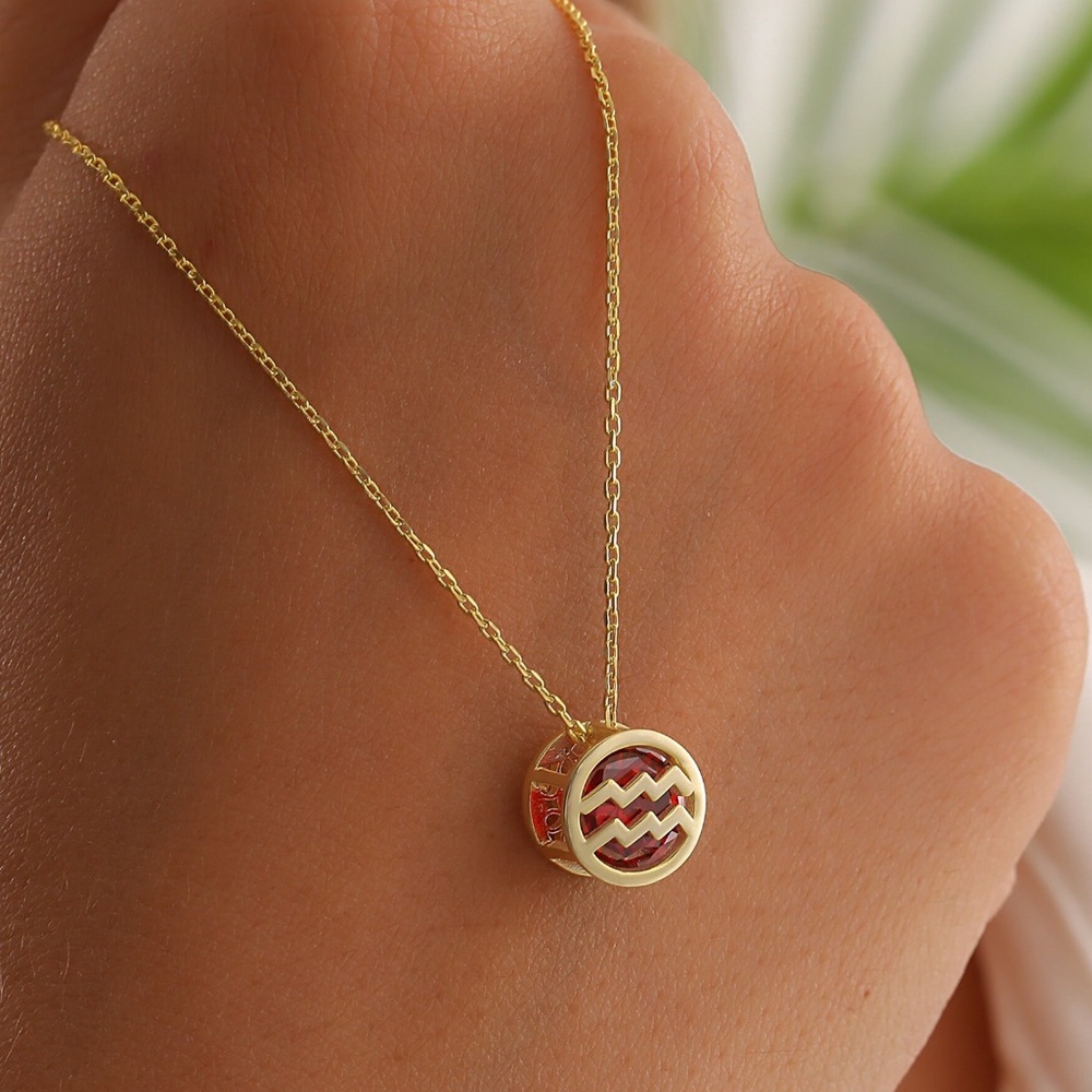 Gold tone and Red Zircon Zodiac Pendant Necklace-Aquarius